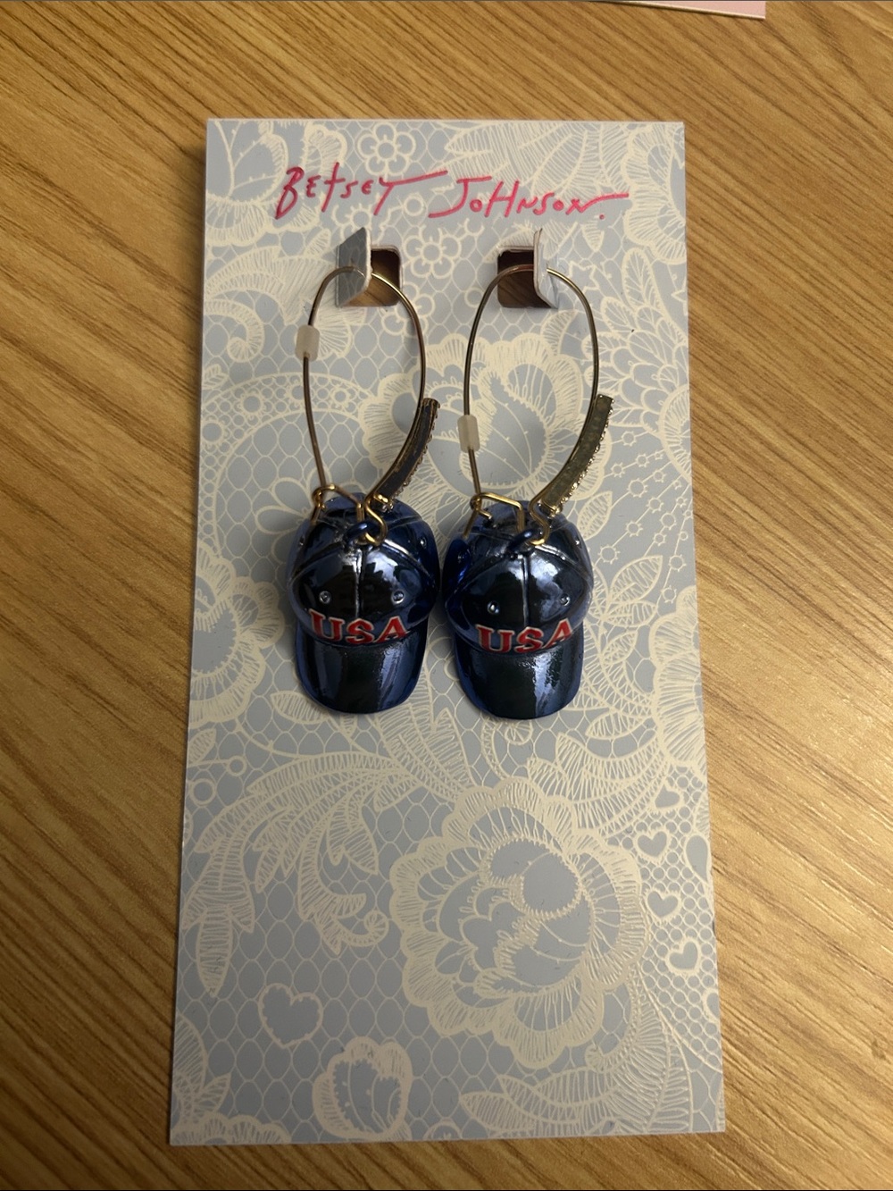 Betsey Johnson Blue and Red USA Cap Hoop Earrings